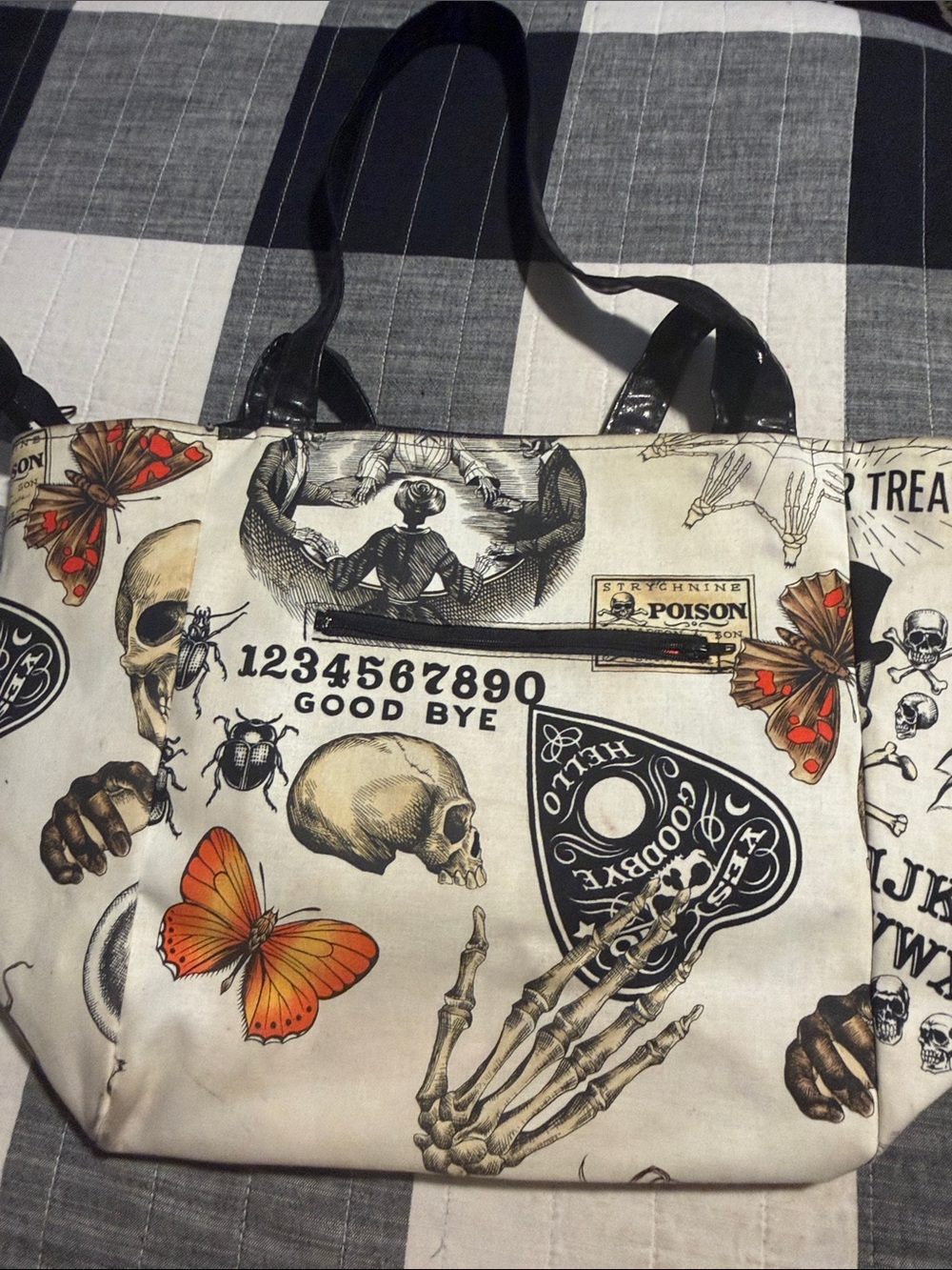 Cream Gothic Skull & Butterfly Tote Bag